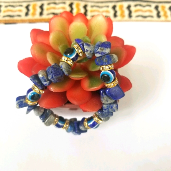 Evil Eye Natural Blue Stone beaded Bracelet with gold Rhinestone  New - Picture 5 of 7